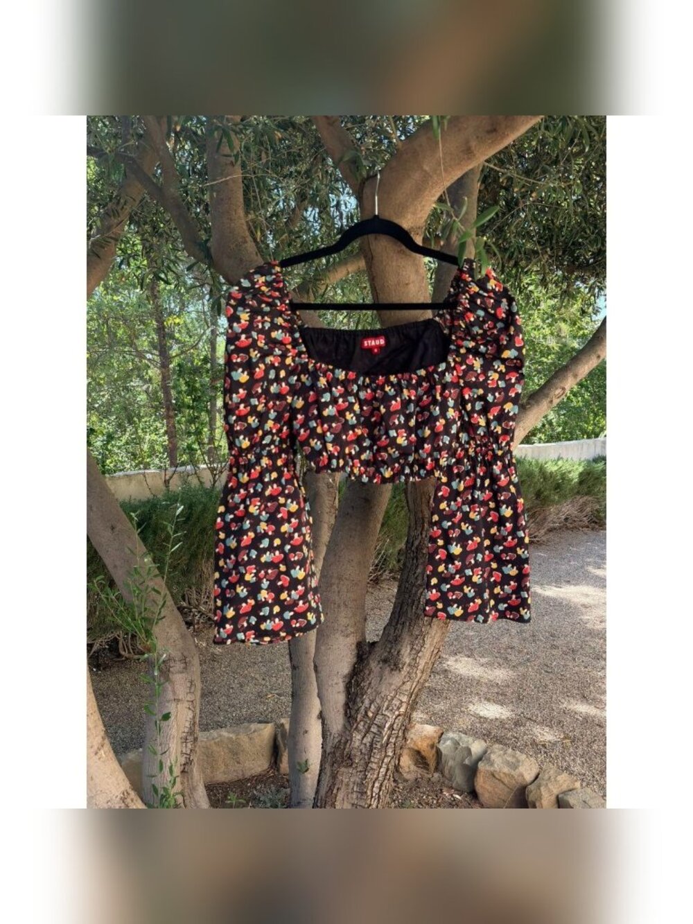 Staud Black Floral Puff Sleeve Crop Top M
